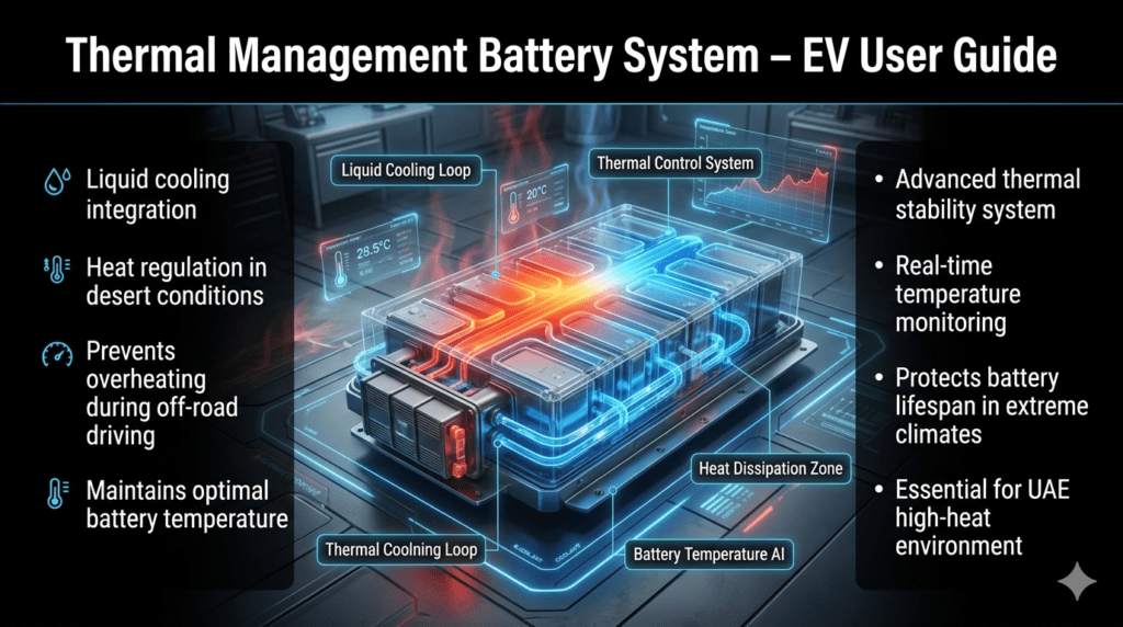 Futuristic EV infographic showing thermal management battery system with liquid cooling integration, heat regulation, and overheating prevention in desert driving conditions.