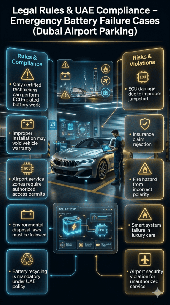 Luxury car battery diagnostic scene in Dubai airport parking showing ECU system check with floating compliance rules and risk warning panels in futuristic infographic style.