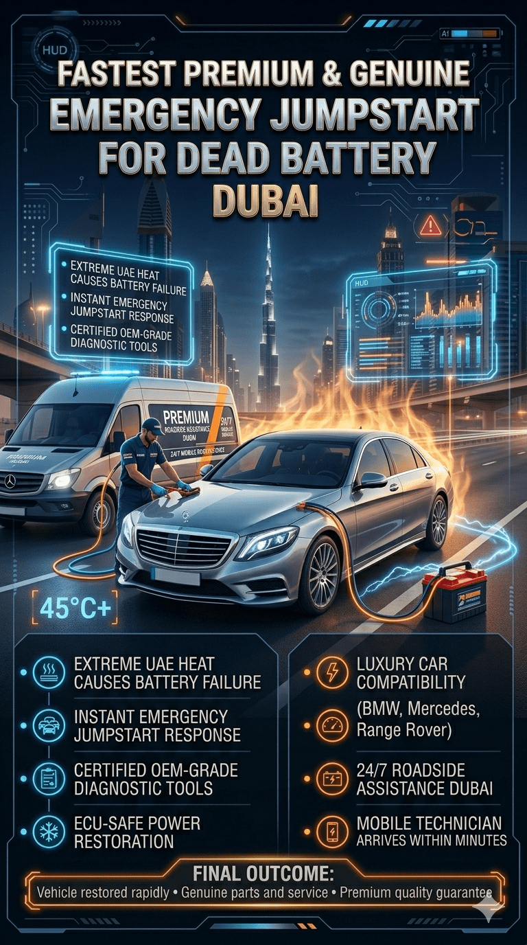 Premium infographic showing emergency jumpstart service in Dubai with a luxury car, roadside technician, and highlighted safety and service features in a futuristic layout.