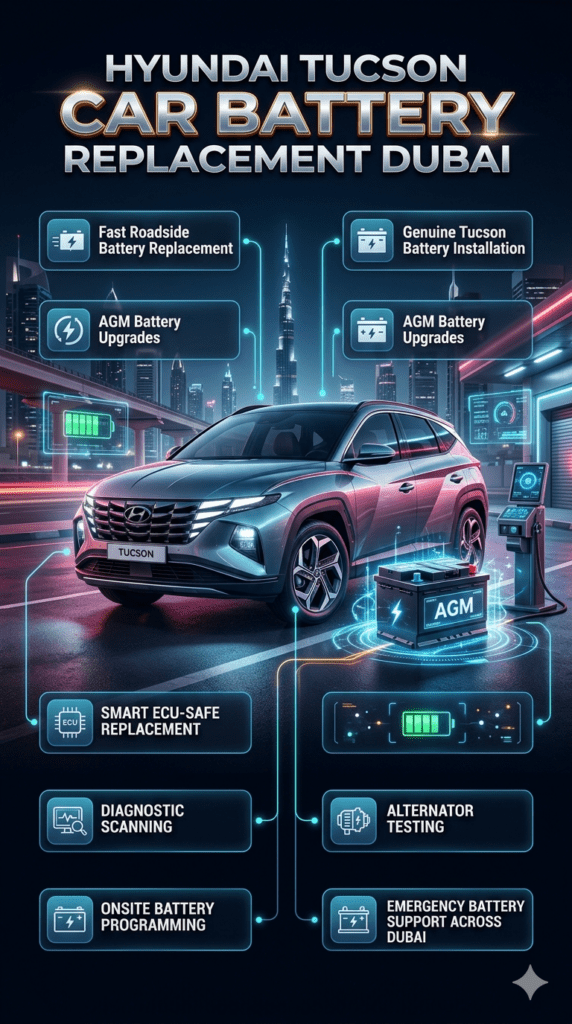 Premium futuristic infographic showing a Hyundai Tucson SUV in Dubai with a high-performance car battery installation scene, advanced diagnostic tools, AGM battery technology visuals, roadside assistance icons, ECU-safe replacement highlights, and animated automotive elements surrounding the vehicle in a luxury UAE urban environment.