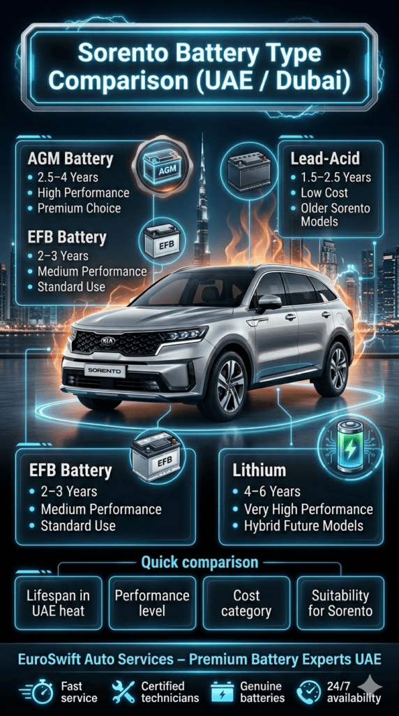 Sorento Car Battery Types Comparison in UAE / Dubai β AGM vs EFB vs Lithium Guide 2026 Sorento car battery types comparison infographic in UAE showing AGM, EFB, lead-acid, and lithium batteries with lifespan, performance, and cost differences.