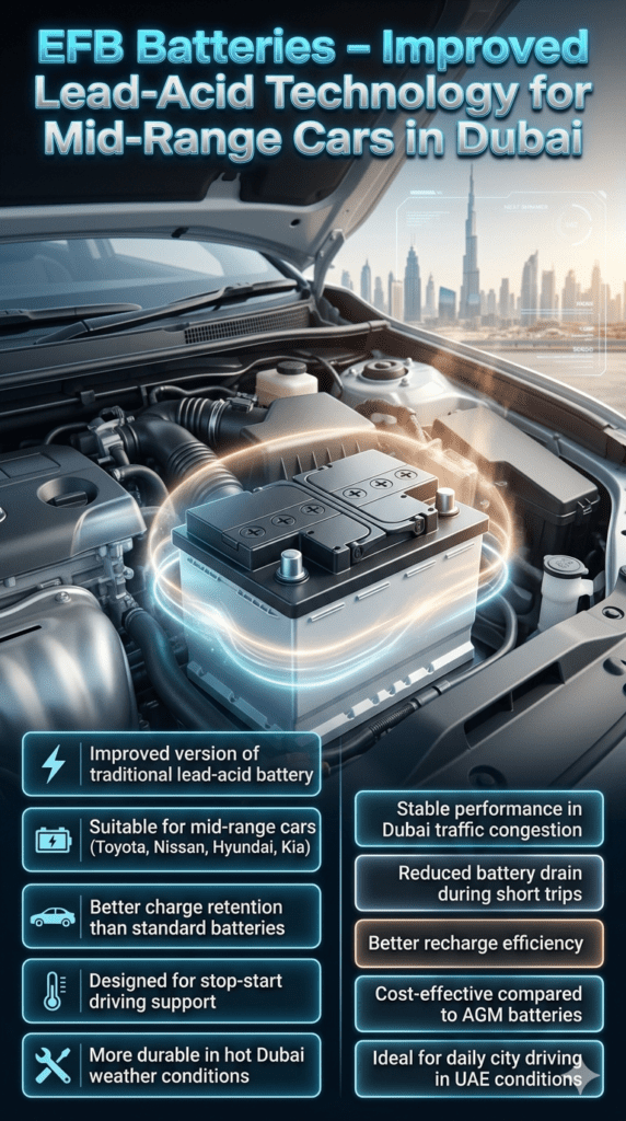 High-end automotive infographic showing EFB battery technology in Dubai, highlighting improved lead-acid design, better charge retention, and suitability for mid-range cars in a futuristic engine bay with Dubai skyline background.