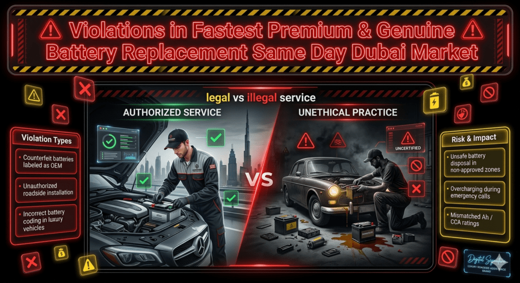 Warning-style infographic showing common violations in Dubai car battery replacement market including counterfeit batteries, unsafe installation, incorrect coding, and overcharging practices.