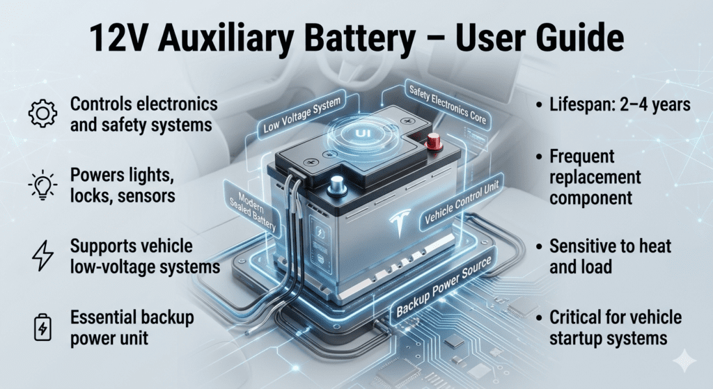 Futuristic infographic showing 12V auxiliary battery system in electric vehicle, highlighting electronics control, safety systems, lifespan, and low-voltage power functions in a clean technical layout.