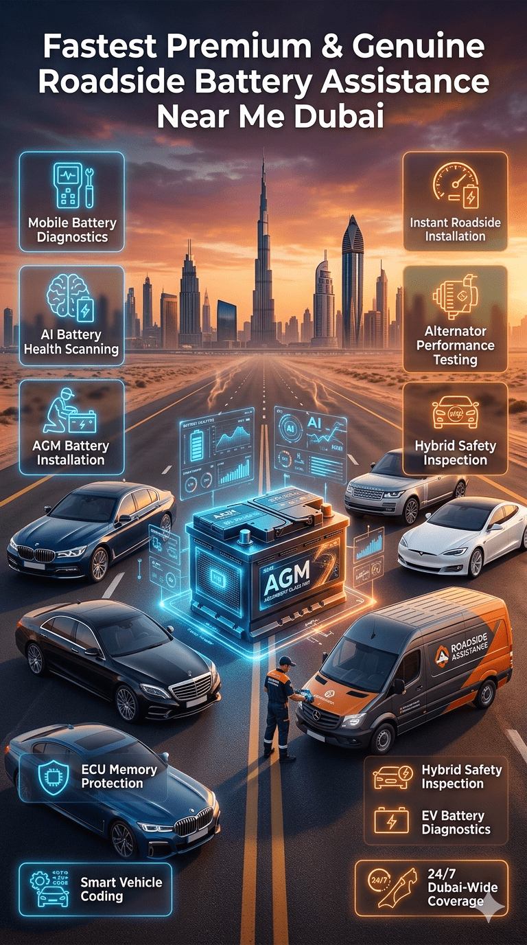 Premium Dubai roadside battery assistance infographic showing luxury vehicles, AI battery diagnostics, AGM battery installation, and emergency roadside support with futuristic automotive visuals.