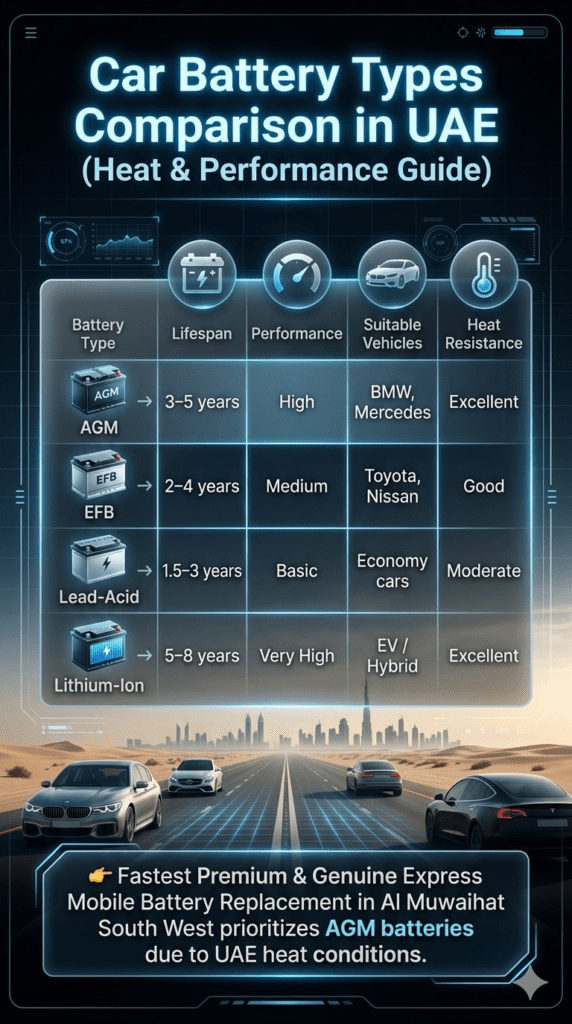 Car Battery Types Comparison in UAE (Heat & Performance Guide) Automotive infographic showing comparison table of AGM, EFB, Lead-Acid, and Lithium-Ion car batteries with lifespan, performance, vehicle types, and heat resistance in UAE conditions.