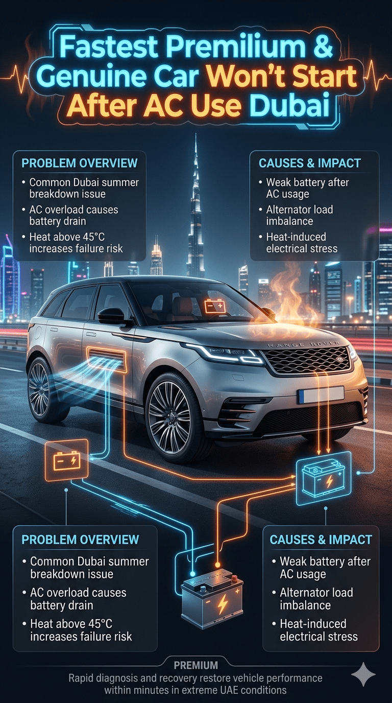 Luxury Dubai automotive infographic showing car starting failure after AC use with heat effects, battery drain warnings, and futuristic diagnostic UI panels for BMW, Mercedes, Audi, and SUVs.