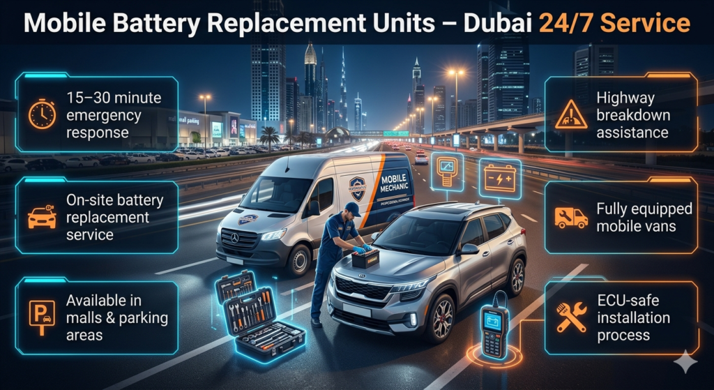 Mobile Battery Replacement Units in UAE – 24/7 Emergency On-Site Service Mobile battery replacement service in Dubai showing technician replacing car battery on-site at mall parking and highway with emergency assistance.