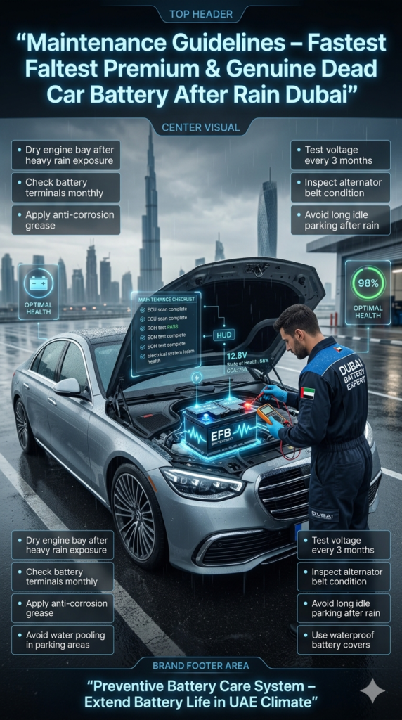 Car Battery Maintenance Guidelines After Rain Dubai UAE Guide Car battery maintenance guide in Dubai showing technician inspecting engine bay after rain with tips like cleaning terminals, voltage testing, and anti-corrosion protection.