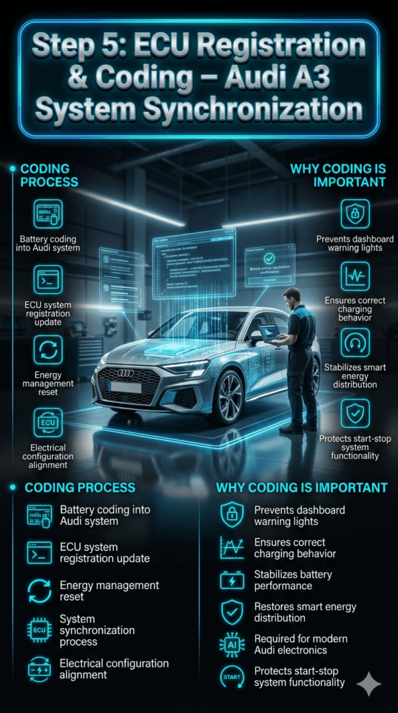 Luxury automotive infographic showing Audi A3 ECU coding, battery registration, energy reset, and start-stop recalibration in futuristic Dubai workshop.