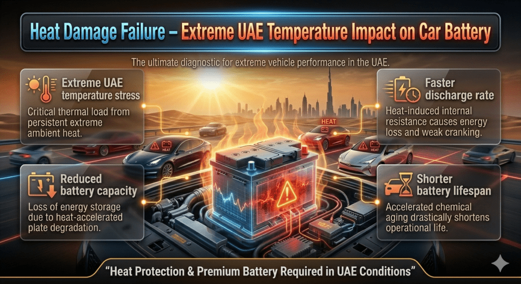 Car battery heat damage infographic showing extreme UAE temperature impact, reduced capacity, overheating, and faster battery failure in Dubai climate
