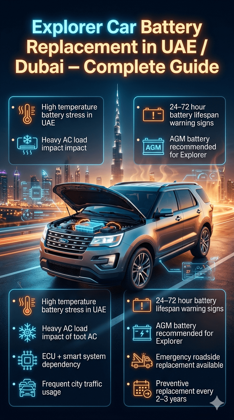 Ford Explorer Car Battery Replacement in UAE Dubai infographic showing SUV battery system, heat impact, ECU dependency, and roadside replacement service guide