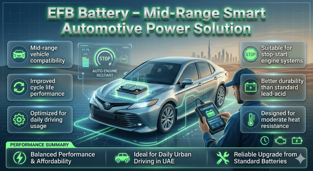 Futuristic infographic showing EFB battery for mid-range vehicles with stop-start engine system, improved cycle life, and automotive diagnostic visualization in modern neon style.
