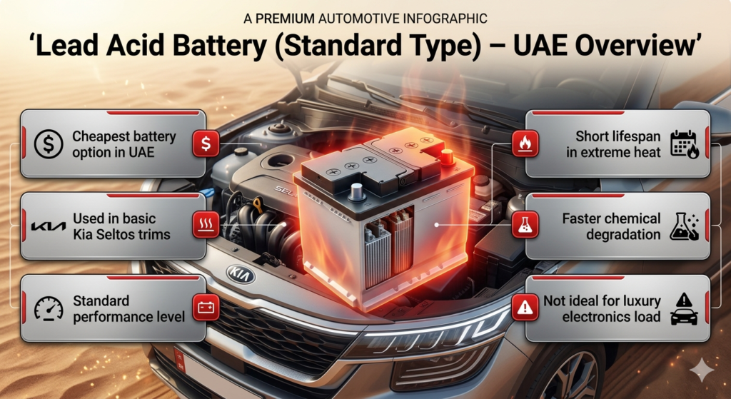 Lead Acid Battery (Standard Type) for Kia Seltos – UAE Heat Performance Guide Lead acid car battery used in Kia Seltos showing basic type battery performance, low cost option, and heat impact in UAE climate conditions.