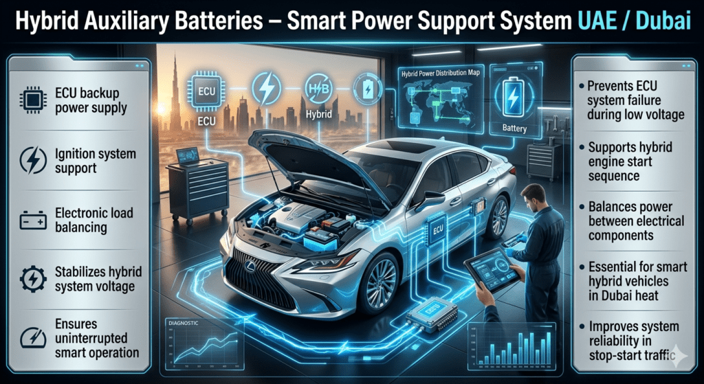 Hybrid auxiliary battery infographic showing ECU backup, ignition support, and electronic load balancing system in Lexus ES hybrid car with futuristic Dubai automotive design