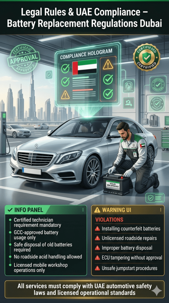 UAE compliance infographic showing legal rules for car battery replacement in Dubai with certified technician, GCC-approved batteries, and violations list in a premium automotive safety guide.