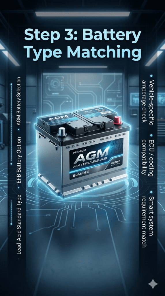 Infographic showing Step 3 battery type matching with AGM, EFB, and Lead-Acid options, vehicle amperage selection, and coding compatibility beside a premium car battery image.