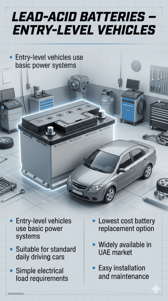 Infographic showing lead-acid car battery used in entry-level vehicles with simple sedan illustration and key features listed on both sides.