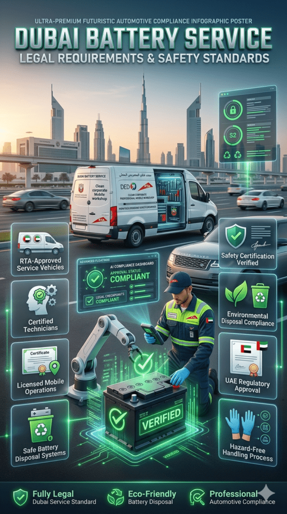 Professional Dubai automotive infographic showing legal requirements for battery service including RTA approval, certified technicians, licensed operations, and safe battery disposal systems.