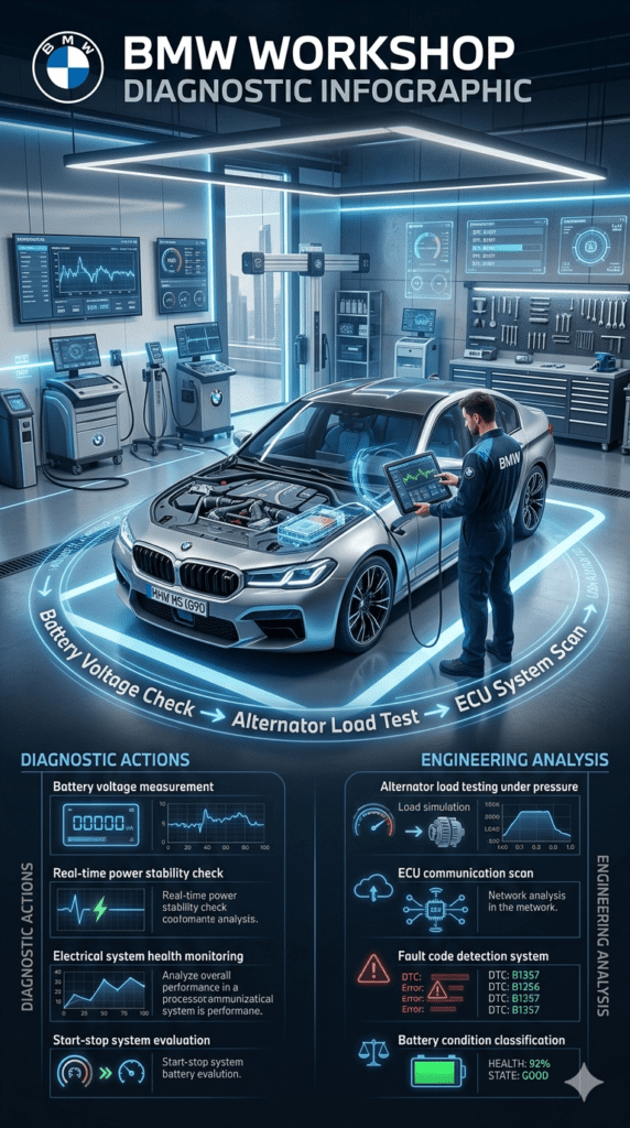 BMW diagnostic scan process showing battery voltage check, alternator load testing, and ECU system scan inside a high-tech automotive workshop.