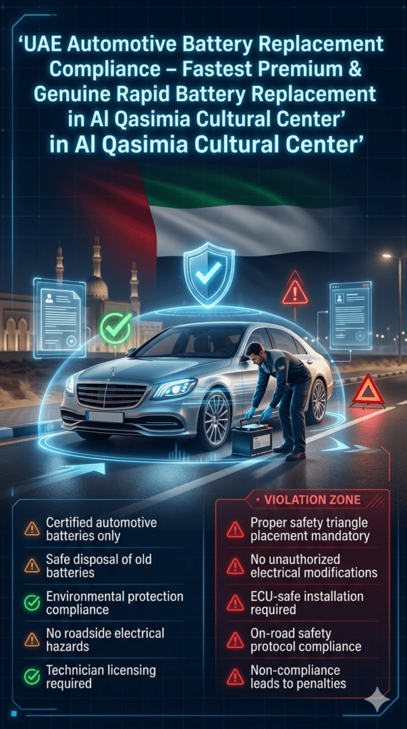 UAE Automotive Battery Replacement Legal Compliance Guide – Al Qasimia Cultural Center UAE automotive compliance infographic showing legal regulations for car battery replacement including safety rules, certified batteries, environmental protection, and roadside safety procedures in Al Qasimia Cultural Center.