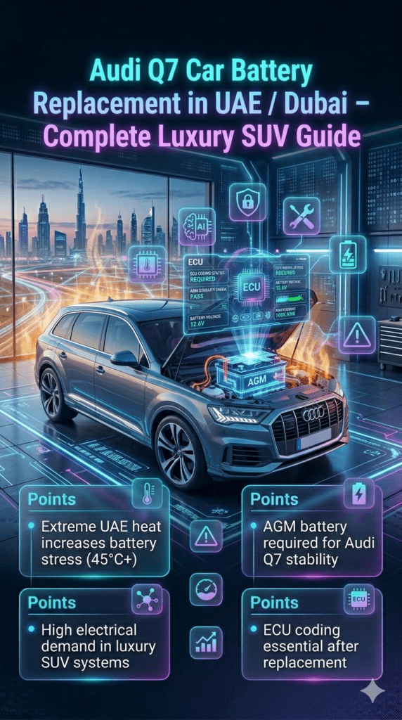 Premium infographic showing Audi Q7 Car Battery Replacement in UAE / Dubai with luxury SUV in futuristic workshop, highlighting ECU systems, AGM battery requirements, and extreme heat impact.