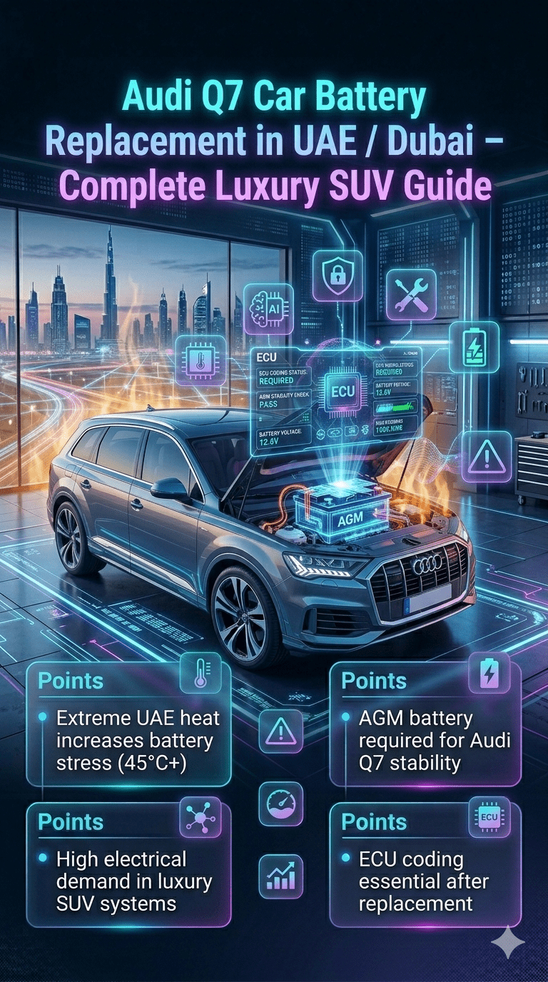 Premium infographic showing Audi Q7 Car Battery Replacement in UAE / Dubai with luxury SUV in futuristic workshop, highlighting ECU systems, AGM battery requirements, and extreme heat impact.