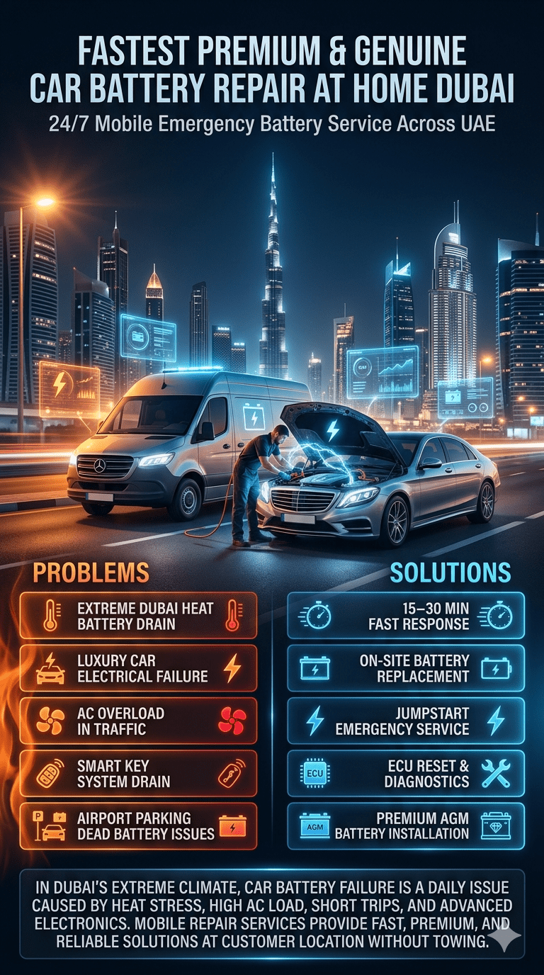Mobile car battery repair service in Dubai showing on-site battery replacement, emergency jumpstart, and luxury vehicle assistance under extreme heat conditions.