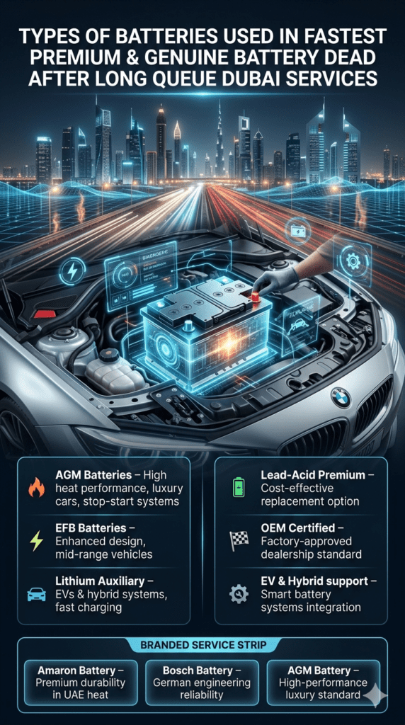 Futuristic infographic showing types of car batteries used in Fastest Premium & Genuine Battery replacement services in Dubai, including AGM, EFB, lithium EV batteries, lead-acid, and OEM certified options with luxury car diagnostic visuals.