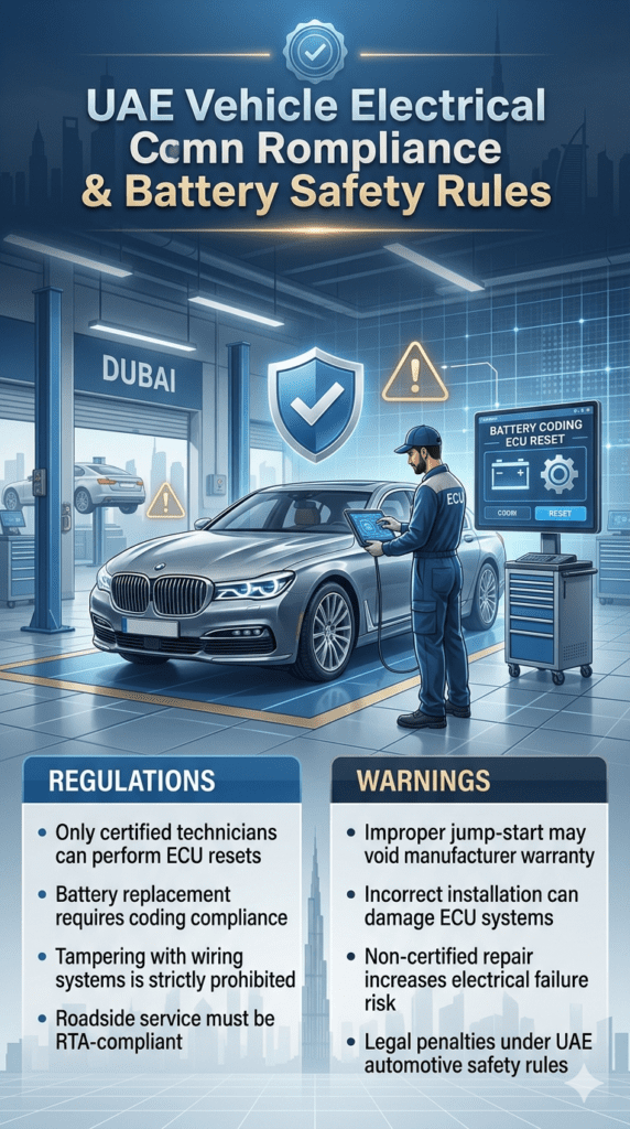 Automotive compliance infographic showing UAE battery replacement rules, ECU coding requirements, and certified technician procedures in Dubai workshop.