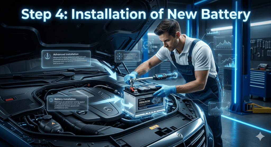 Luxury car battery installation guide showing OEM/AGM battery being fitted in a modern garage with step-by-step points on installation and torque-controlled fitting displayed on both sides.