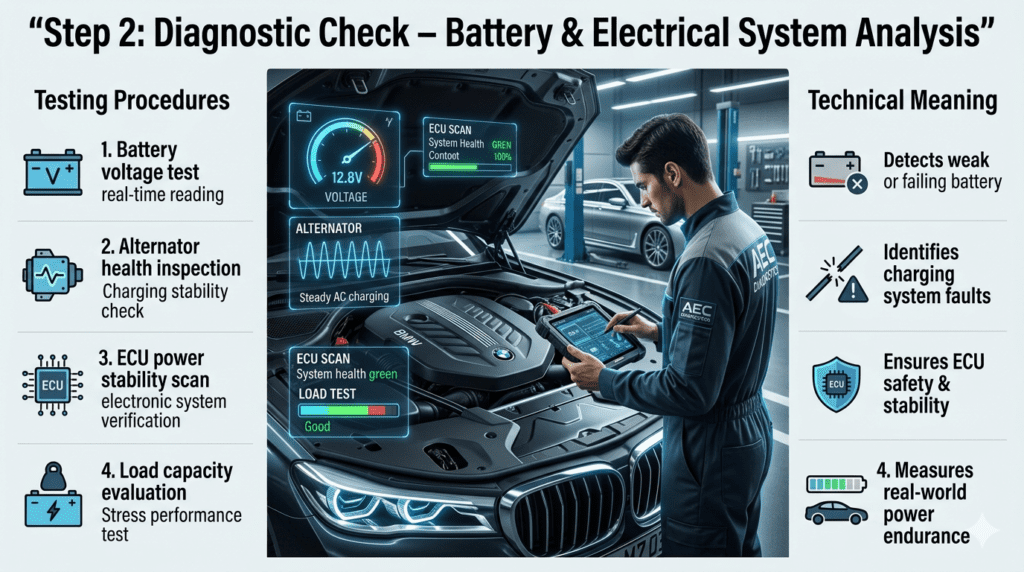 Luxury car battery diagnostic scene showing technician performing voltage test, alternator inspection, ECU scan, and load evaluation using digital tools in a modern Dubai workshop.