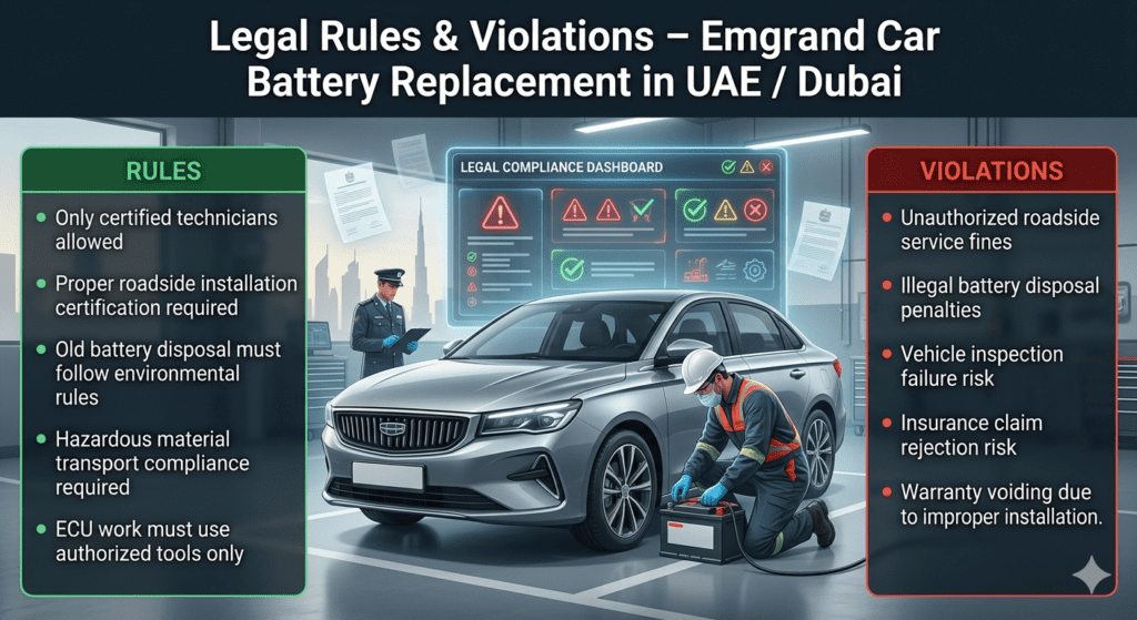 Legal rules and violations for Emgrand car battery replacement in UAE showing certified technician requirement, battery disposal laws, and penalties for non-compliance in Dubai.