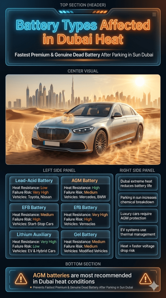 Infographic showing different car battery types and their heat resistance levels in Dubai extreme weather conditions with luxury car and heat warning guide for battery failure prevention