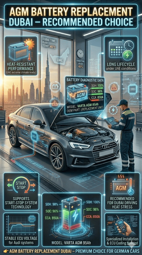 Premium infographic showing AGM Battery Replacement Dubai for Audi A4 with luxury car battery system, Dubai skyline background, and side panels highlighting heat resistance, ECU stability, and long lifecycle benefits.