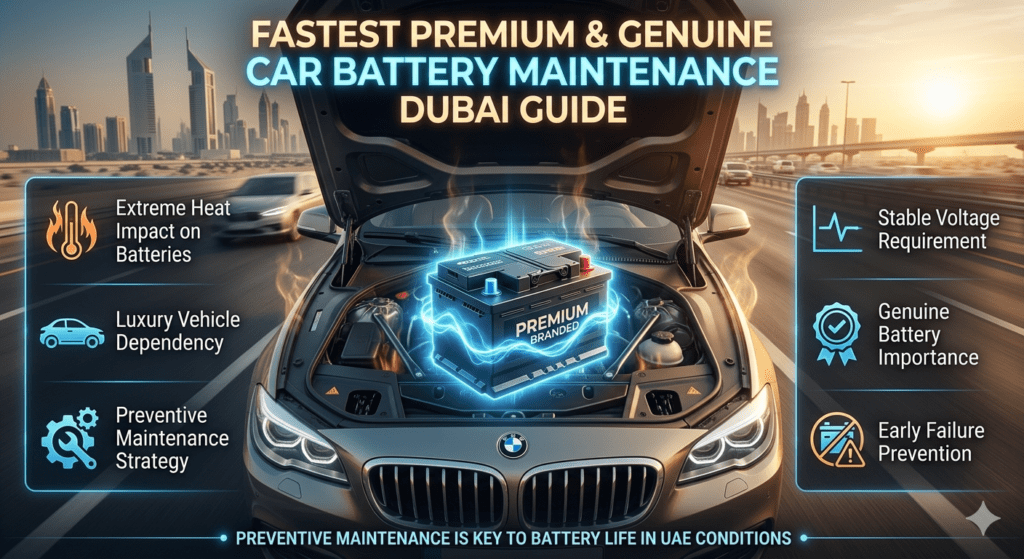 Infographic showing car battery maintenance guide in Dubai with luxury car, glowing battery, and key points like heat impact, voltage stability, and preventive care.