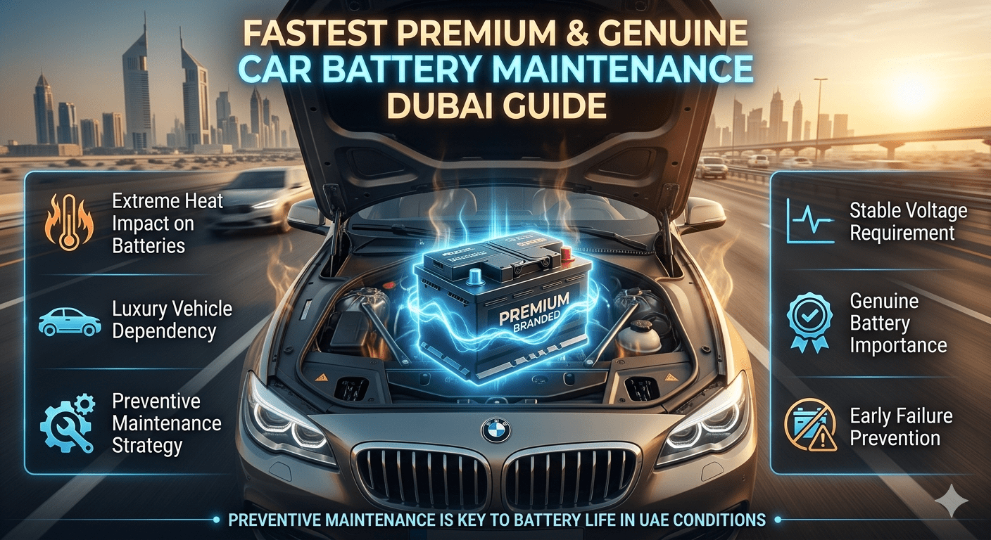 Infographic showing car battery maintenance guide in Dubai with luxury car, glowing battery, and key points like heat impact, voltage stability, and preventive care.