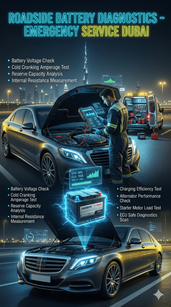 Roadside Battery Diagnostics โ Fastest Premium Emergency Service Dubai Roadside car battery diagnostics in Dubai showing a technician using advanced battery analyzer tools on a luxury vehicle with real-time performance testing and mobile emergency service support.