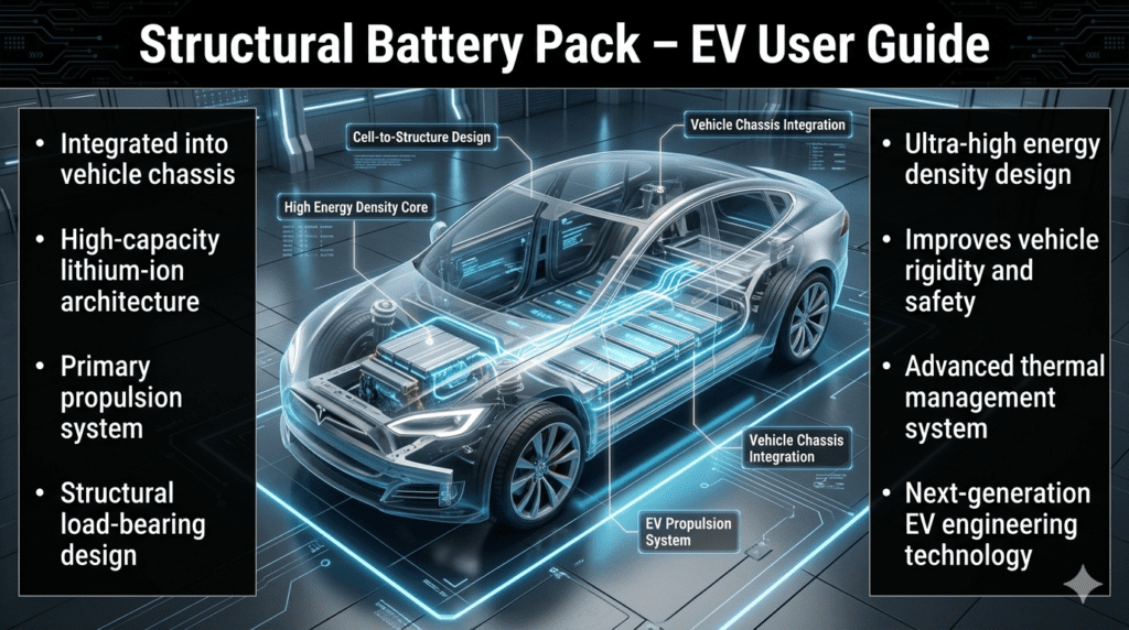 Futuristic EV infographic showing structural battery pack integrated into vehicle chassis with lithium-ion architecture, propulsion system, and energy density design in a high-tech engineering layout.