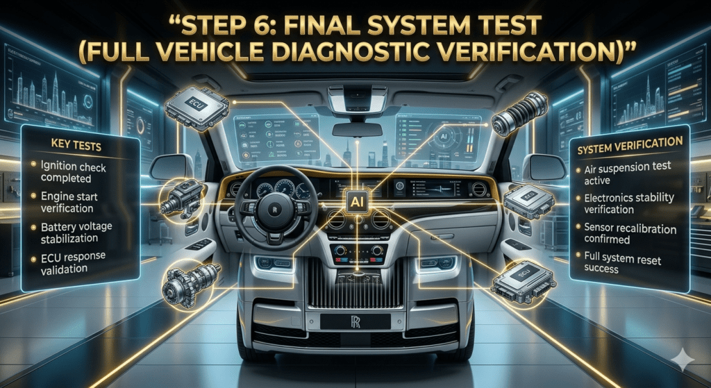 Luxury car final system test infographic showing ignition check, air suspension testing, and electronics stability verification after battery replacement.