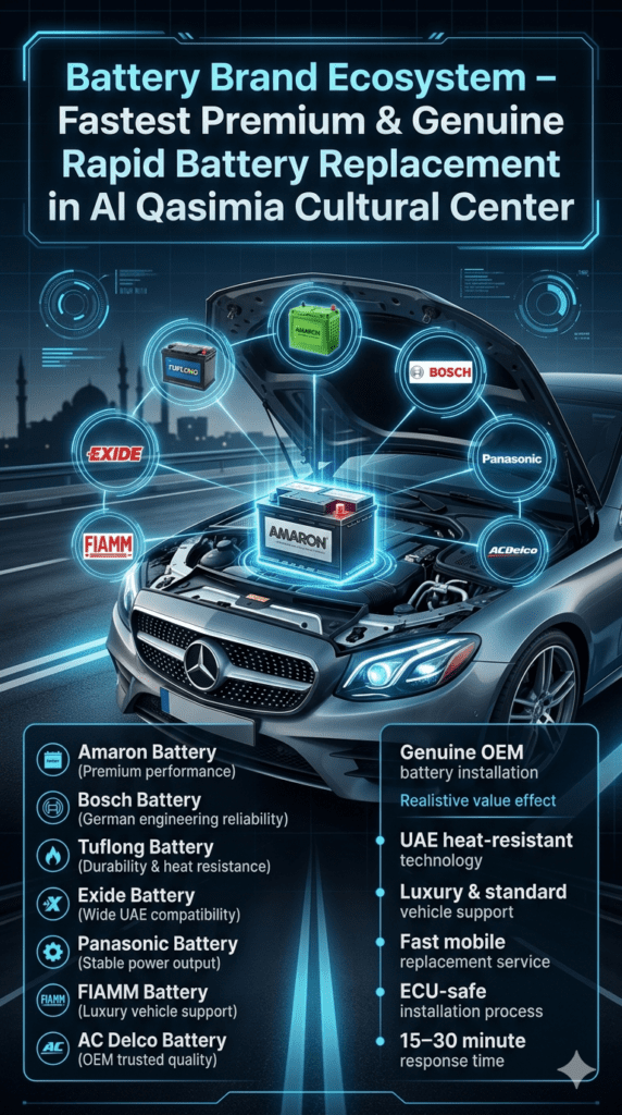 Battery Brand Ecosystem – Premium Car Battery Replacement in Al Qasimia Cultural Center Luxury automotive infographic showing premium battery brand ecosystem with Amaron, Bosch, Exide, Panasonic, FIAMM, Tuflong, and AC Delco for rapid car battery replacement service in Al Qasimia Cultural Center.