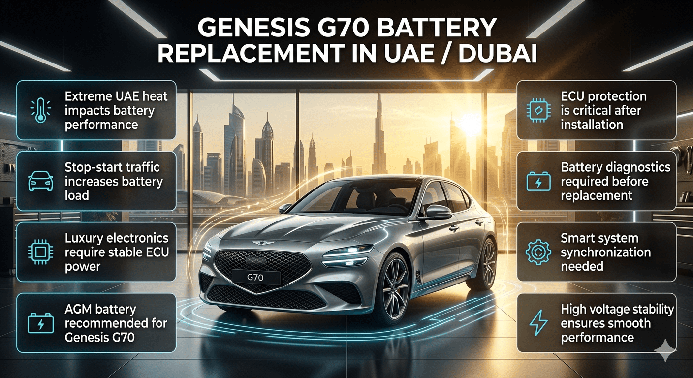 Luxury Genesis G70 sedan showing battery replacement guide in UAE Dubai with infographic style points about heat impact, ECU protection, AGM battery and smart diagnostics system.