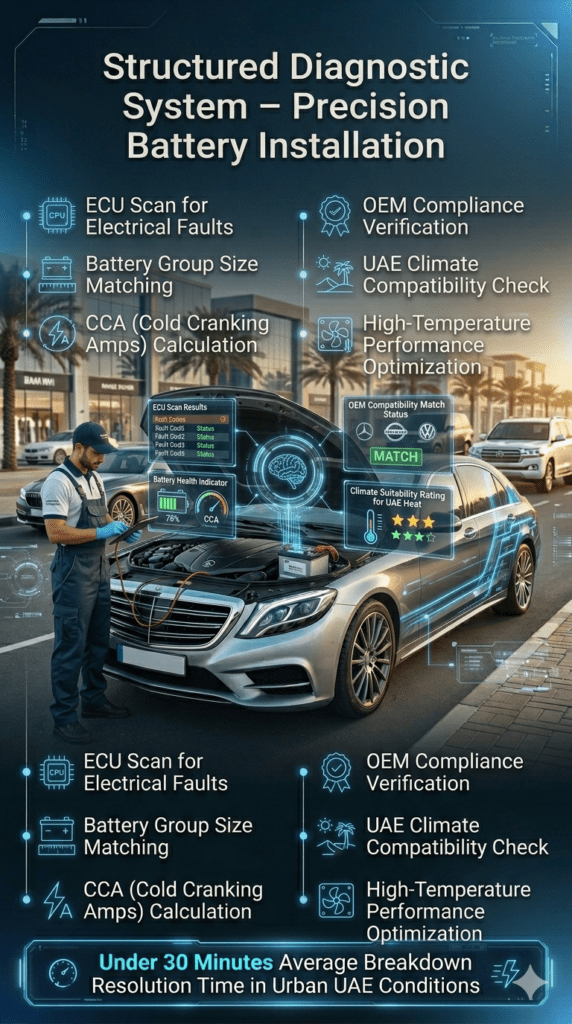 Automotive technician performing ECU scan and structured battery diagnostics with digital overlays showing CCA calculation, OEM verification, and UAE climate compatibility check for accurate battery installation.