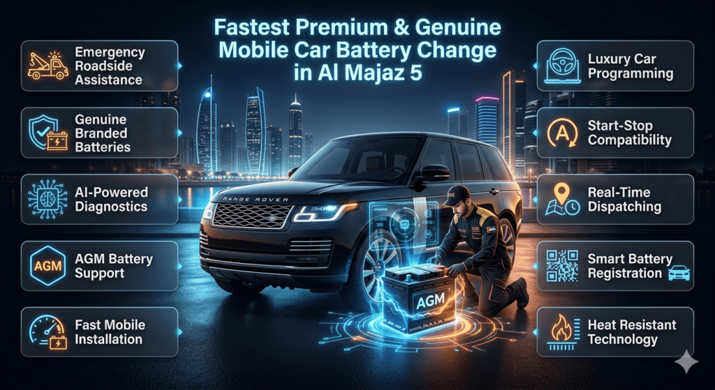 Premium futuristic infographic showing Fastest Premium & Genuine Mobile Car Battery Change in Al Majaz 5 with luxury SUV, branded AGM battery, AI diagnostics, mobile technician, and animated roadside assistance features in Sharjah UAE.