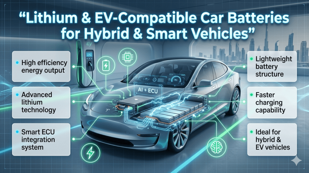 Futuristic hybrid car showing lithium EV battery system with glowing energy flow, smart ECU integration graphics, and informational side panels highlighting efficiency, lightweight structure, and advanced EV technology.