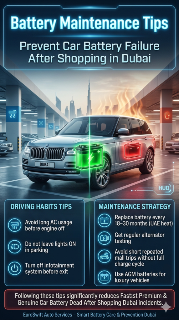 Battery Maintenance Tips – Prevent Car Battery Failure in Dubai (Shopping & Parking Safety Guide) Car battery maintenance tips infographic in Dubai showing how to prevent battery failure after shopping including AC usage control, alternator testing, and AGM battery usage.