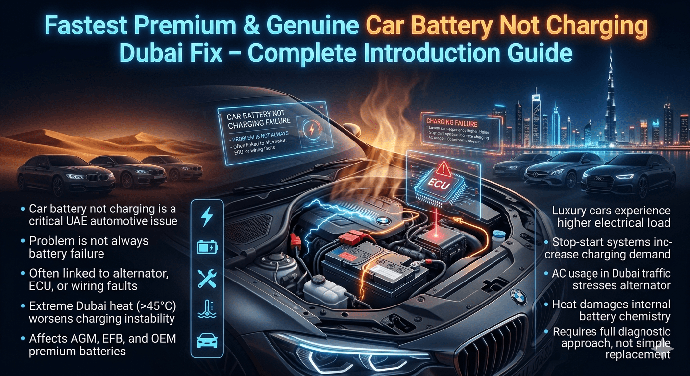 Luxury automotive infographic showing car battery not charging issue in Dubai, highlighting alternator, ECU, and heat-related failures in a futuristic engine bay with Dubai skyline background.