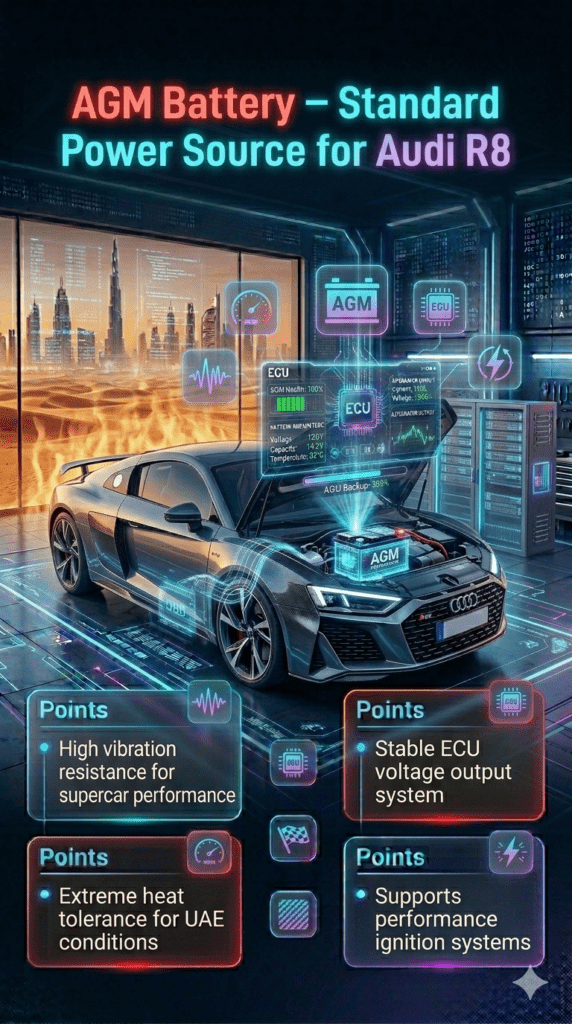 Premium infographic showing AGM battery for Audi R8 in UAE, highlighting vibration resistance, heat tolerance, ECU stability, and ignition system support.