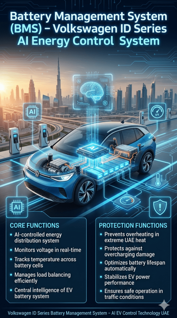Volkswagen ID Series Battery Management System infographic showing AI-controlled energy distribution, voltage and temperature monitoring, and protection against overheating in UAE Dubai EV environment.