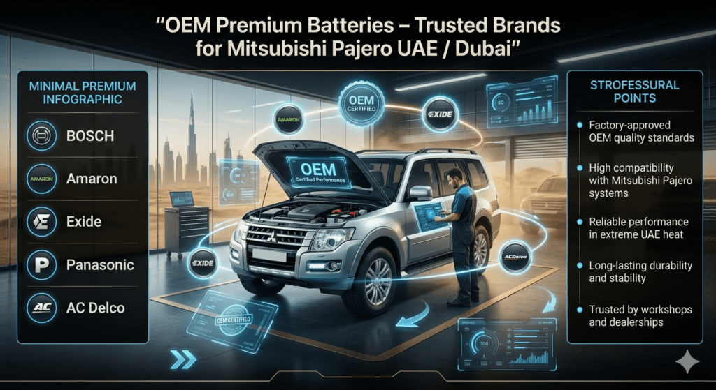 OEM premium battery infographic for Mitsubishi Pajero in UAE Dubai showing Bosch, Amaron, Exide, Panasonic, and AC Delco brands with certified automotive installation guide